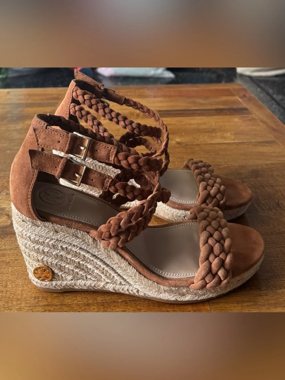 Tory Burch Camel Braided Espadrille Wedge Sandals - Size 7.5